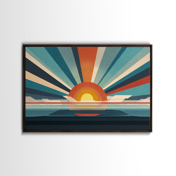 Retro Radial Sunrise Ocean Framed Canvas Print, Midcentury Modern Wall Art, Teal Orange Poster, Atomic MCM Decor, Living Room Art