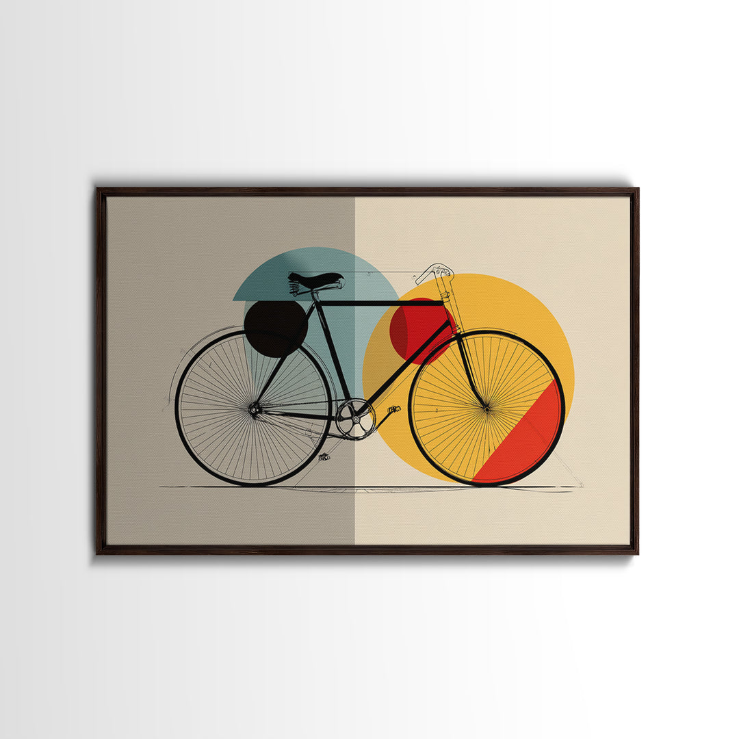 Minimalist Bicycle Framed Canvas Print, Midcentury Modern Wall Art, Orange Yellow Circle Decor, Geometric Bike Poster Gift