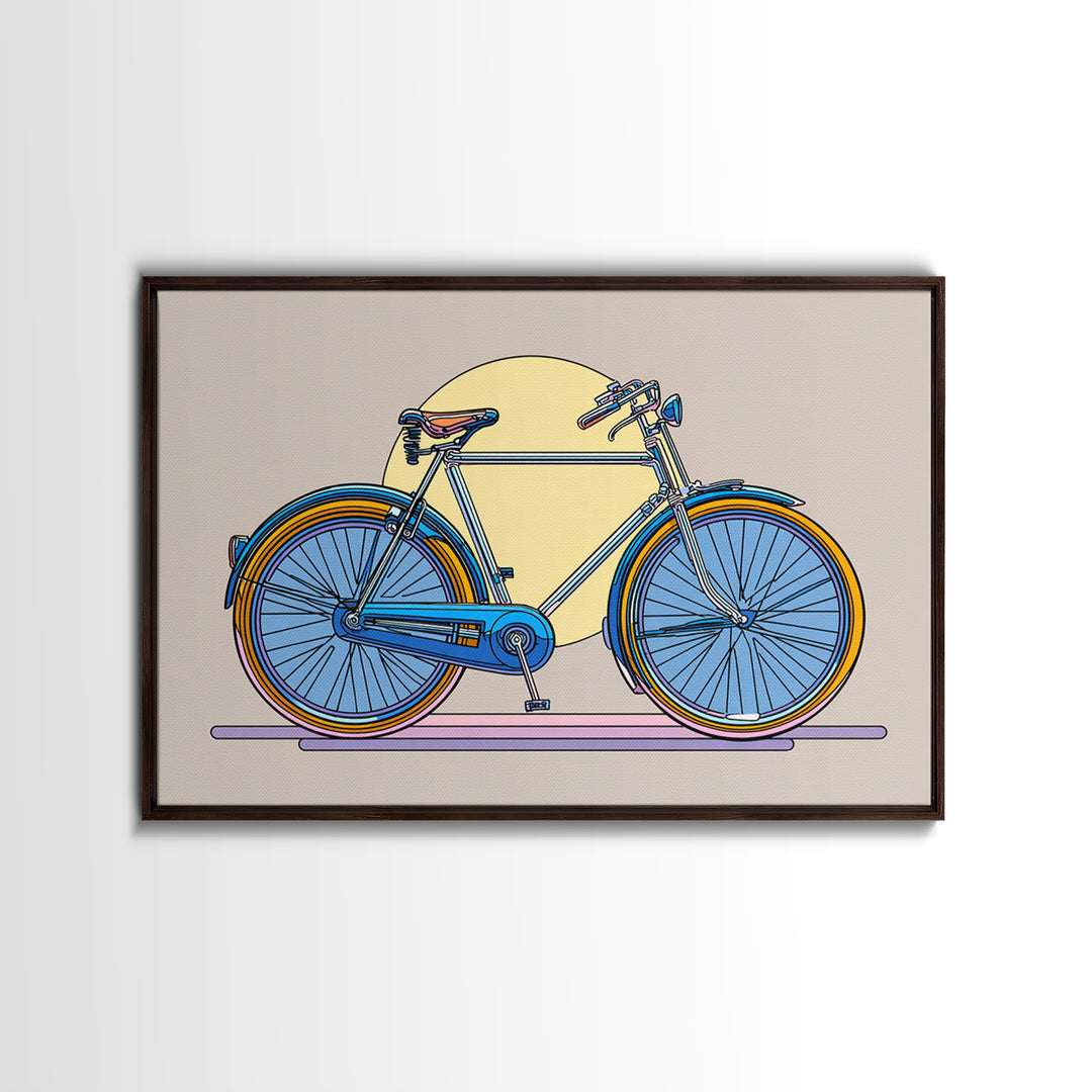 Blue Cruiser Bicycle Canvas Print, Midcentury Modern Wall Art, Retro Bike Poster, Yellow Sun Decor For Home Office Decor Gift