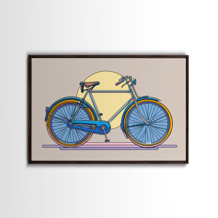 Blue Cruiser Bicycle Canvas Print, Midcentury Modern Wall Art, Retro Bike Poster, Yellow Sun Decor For Home Office Decor Gift
