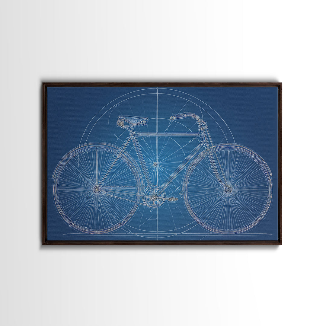Blueprint Bicycle Wall Art, Technical Line Drawing, Midcentury Modern Bike Poster, Blue Geometric Office Decor Print Gift