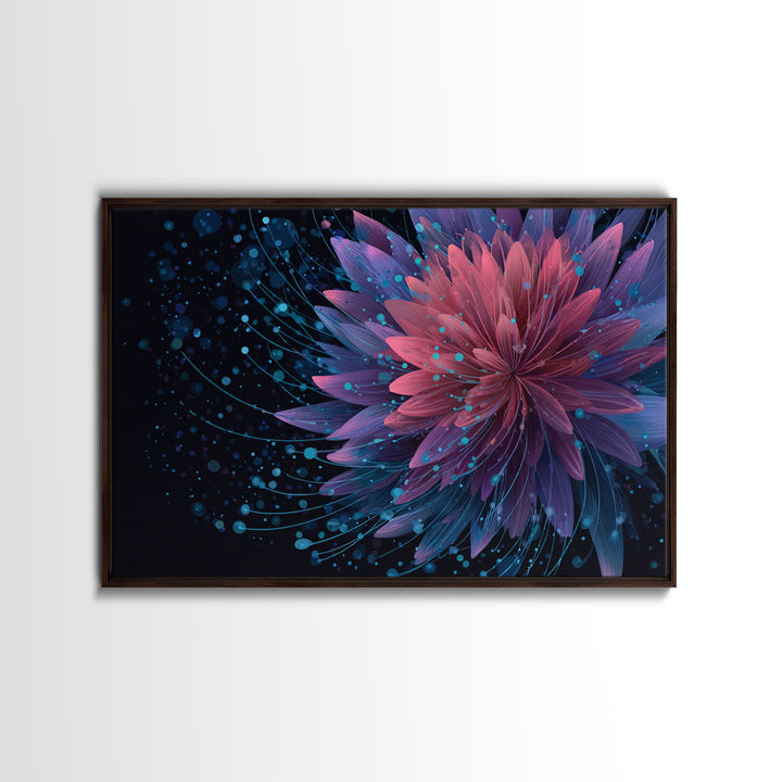 Magenta Purple Dahlia Wall Art, Electric Floral Abstract, Blue Splatter Botanical Poster, Modern Home Decor Canvas Print