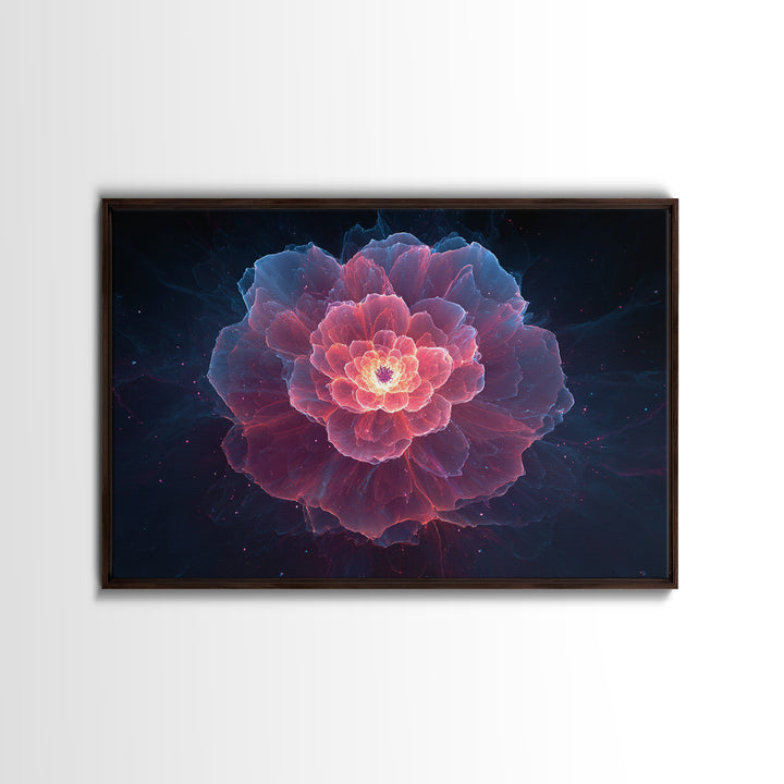 Glowing Pink Peony Canvas Print, Luminous Blue Floral Mandala, Modern Abstract Botanical Wall Art, Romantic Bedroom Decor