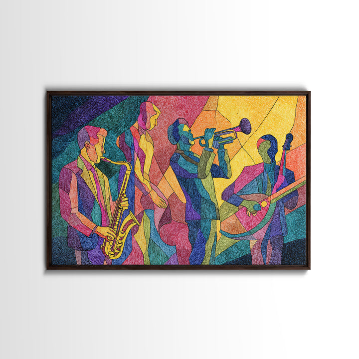 Colorful Cubist Jazz Band With Saxophone And Trumpet Wall Art, Midcentury Modern Art Print, Vibrant Music Room Decor, Poster