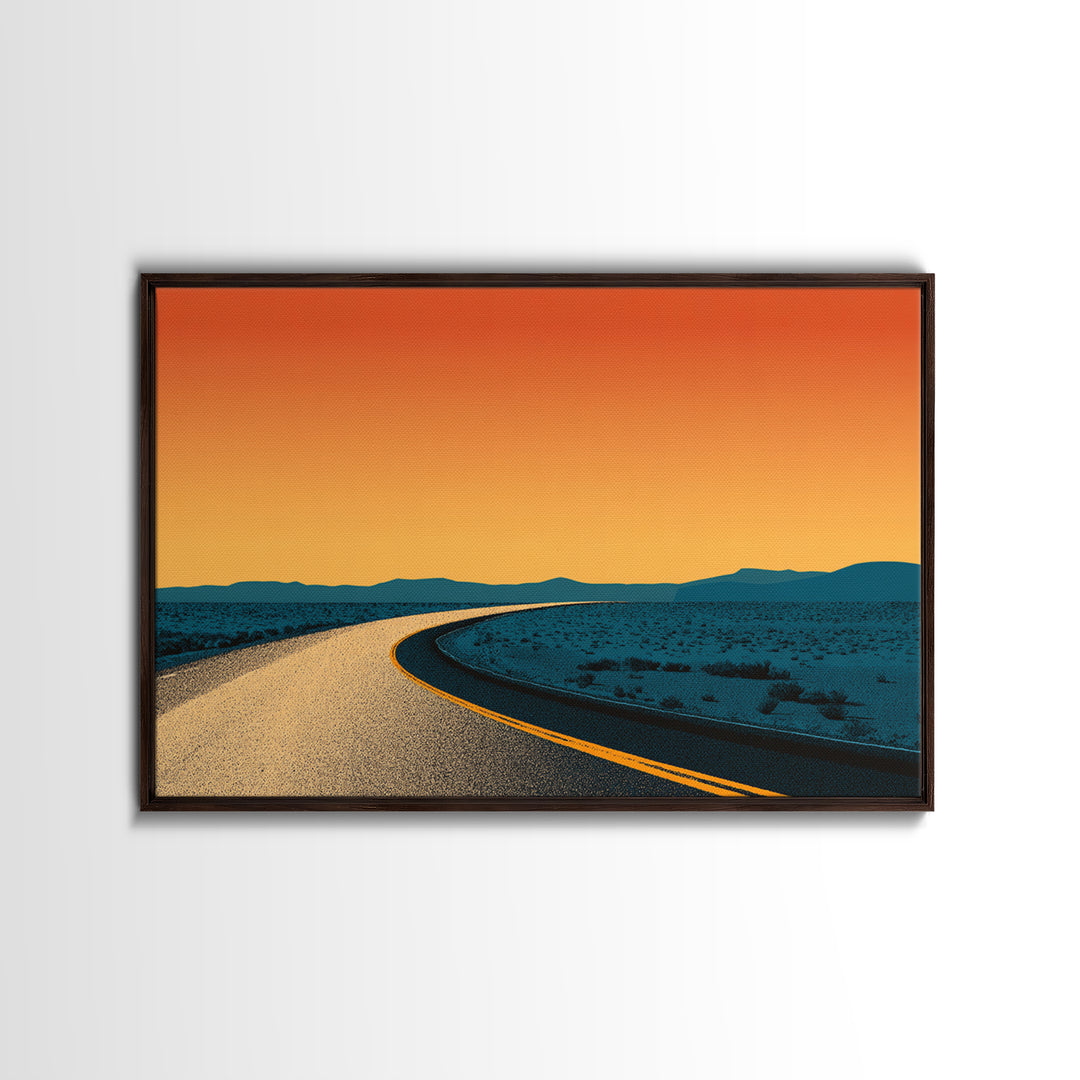 Minimal Desert Road At Orange Dusk Canvas Print, Midcentury Modern Wall Art, Retro Poster, Southwest Home Office Decor Gift