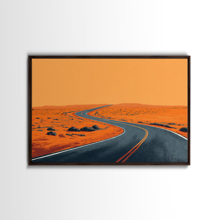 Orange Desert Highway Curve Wall Art, Minimalist Landscape, Midcentury Modern Art Print, Retro Road Poster, Mid Century Decor Gift