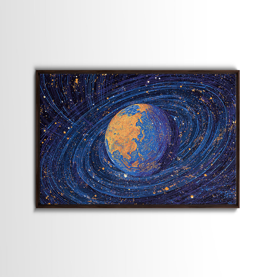 Swirling Blue Orange Planet Wall Art, Cosmic Abstract Space Poster, Modern Digital Art Print, Galaxy Decor, Science Gift
