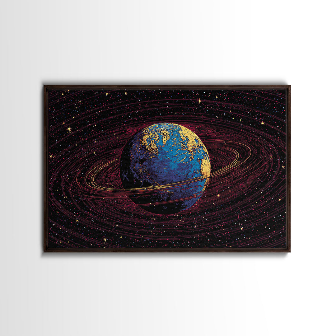 Blue Earth With Golden Rings Wall Art, Cosmic Abstract Space Poster, Modern Digital Art Print, Galaxy Home Office Decor Gift