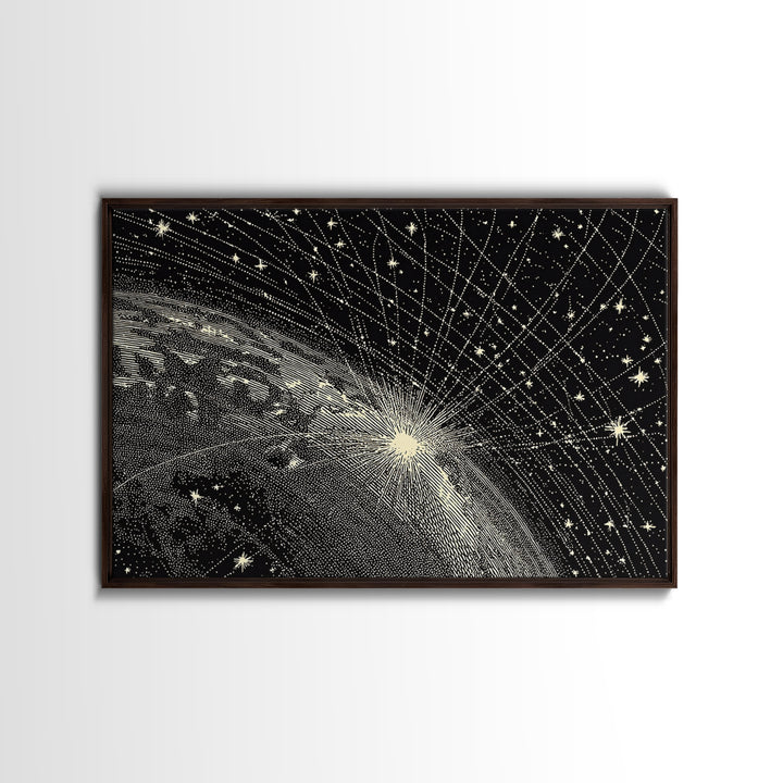 Black And White Earth Sunrise Wall Art, Celestial Space Illustration, Minimalist Art Print, Constellation Poster Decor Gift