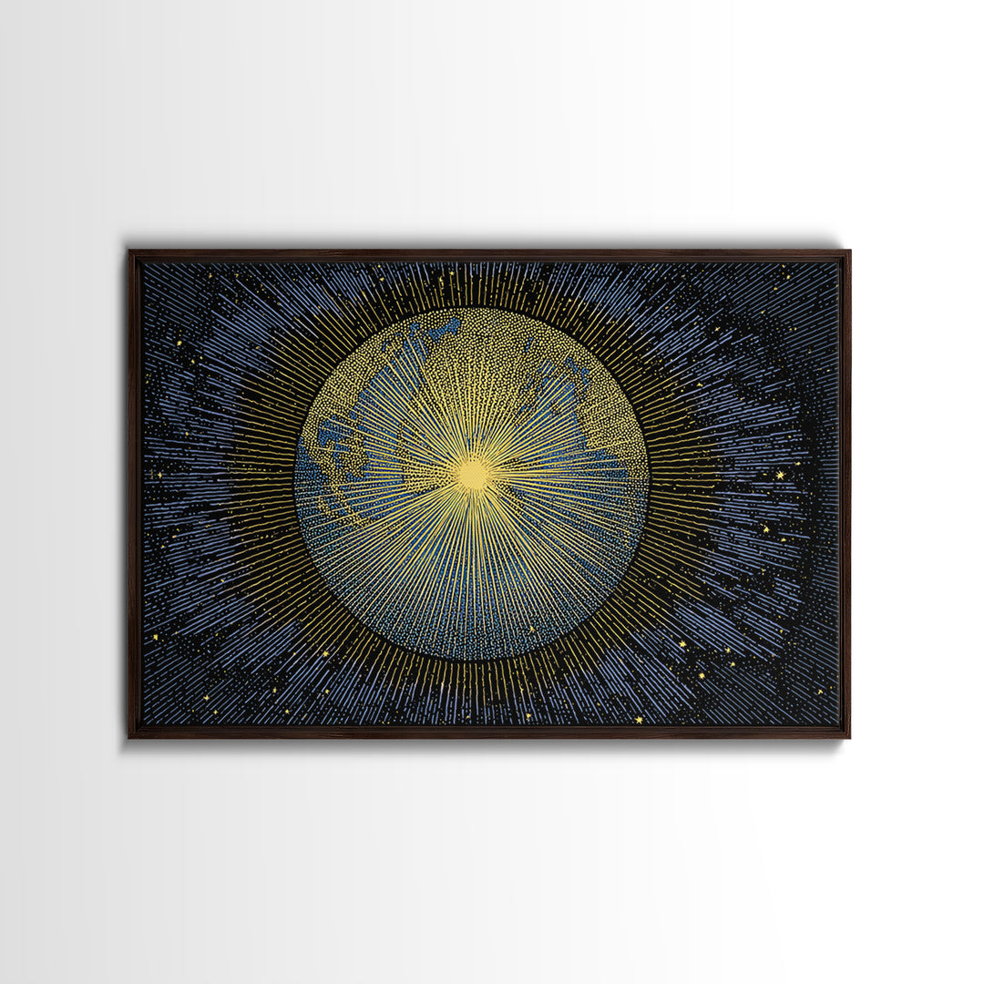 Golden Radiant Sun Planet Canvas Print, Cosmic Space Abstract Art, Midcentury Modern Wall Home Decor, Celestial Poster Gift