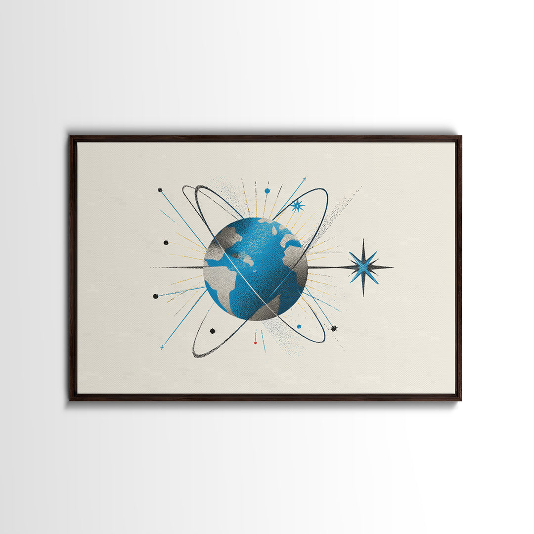 Atomic Blue Globe And Orbit Stars Wall Art, Midcentury Modern Space Poster, Retro Science Print, Cosmic Office Decor For MCM Home