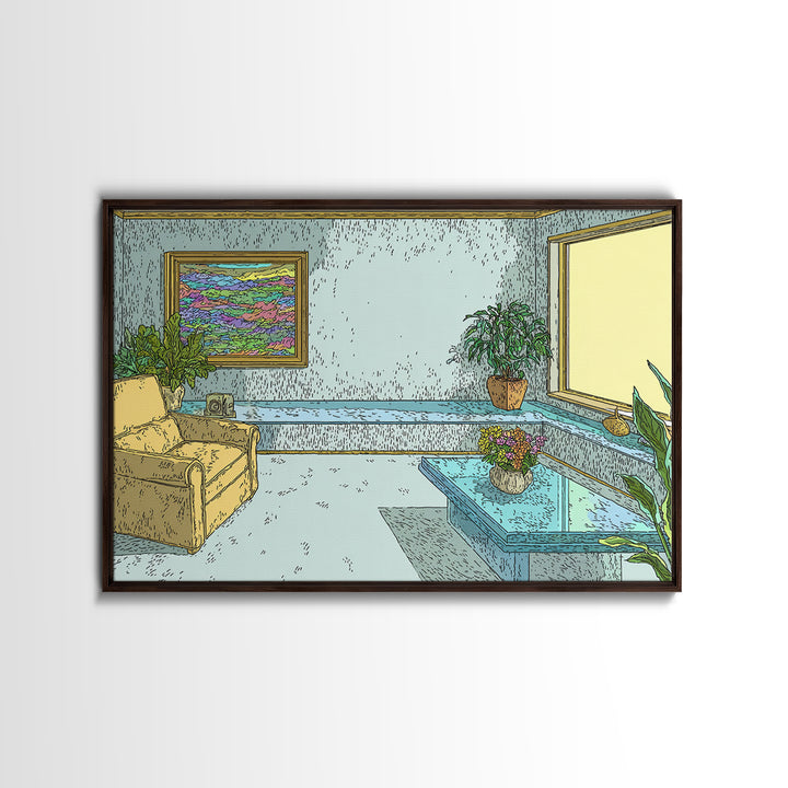 Pastel Aqua Living Room With Yellow Chair Canvas Print, Midcentury Modern Wall Decor, Retro Interior Poster For Home Office