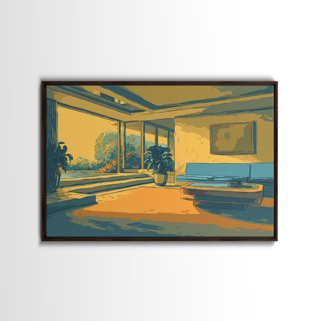 Sunlit Yellow And Teal Lounge With Plants Canvas Print, Midcentury Modern Wall Art, Retro Interior Decor For Living Room