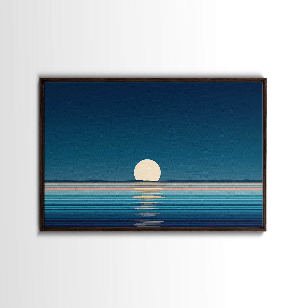 Minimal Full Moon Rising Over Calm Blue Sea Canvas Print, Modern Coastal Wall Art, Serene Ocean Poster For Bedroom Decor