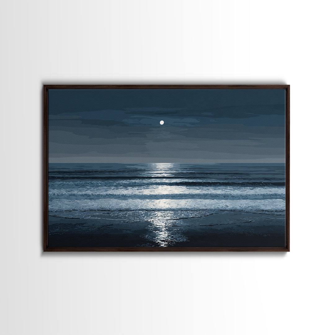 Moonlit Waves And Silver Reflection Framed Canvas Print, Blue Ocean Wall Art, Modern Coastal Bedroom Decor, Seascape Poster