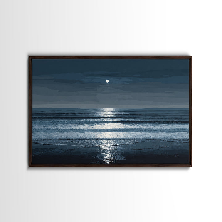Moonlit Waves And Silver Reflection Framed Canvas Print, Blue Ocean Wall Art, Modern Coastal Bedroom Decor, Seascape Poster
