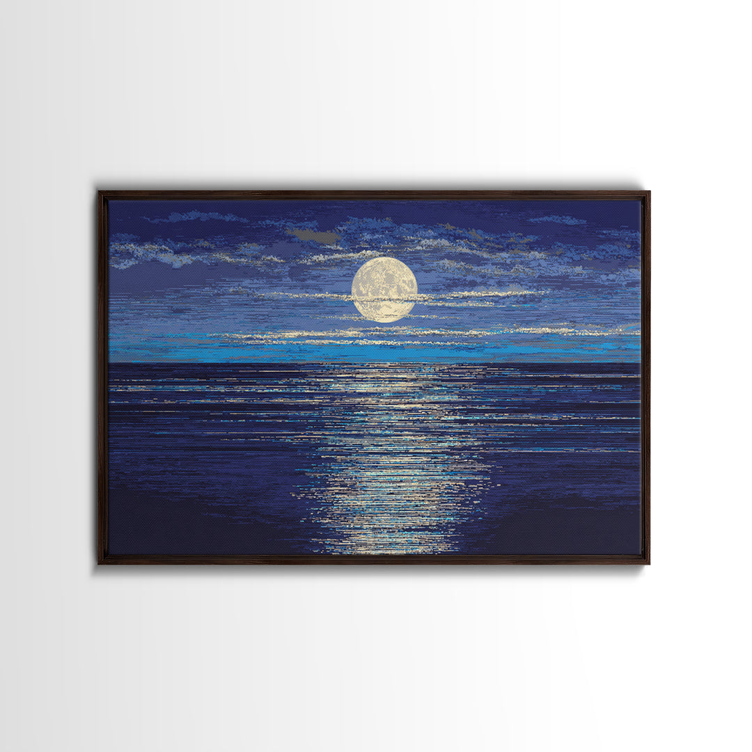Full Moon Over Deep Blue Water With Glow Wall Art, Modern Coastal Seascape Print, Textured Ocean Decor For Bedroom And Living Room