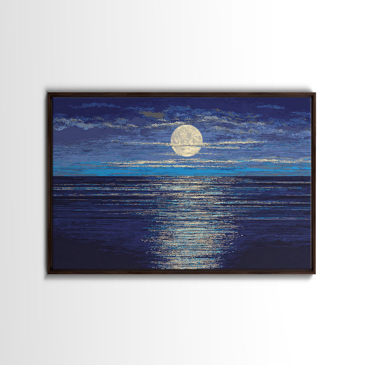 Full Moon Over Deep Blue Water With Glow Wall Art, Modern Coastal Seascape Print, Textured Ocean Decor For Bedroom And Living Room
