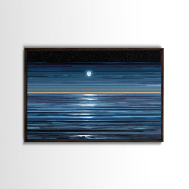 Starry Night Moon Above Blue Horizon Canvas Print, Modern Coastal Wall Art, Minimal Ocean Poster For Bedroom And Living Room Decor