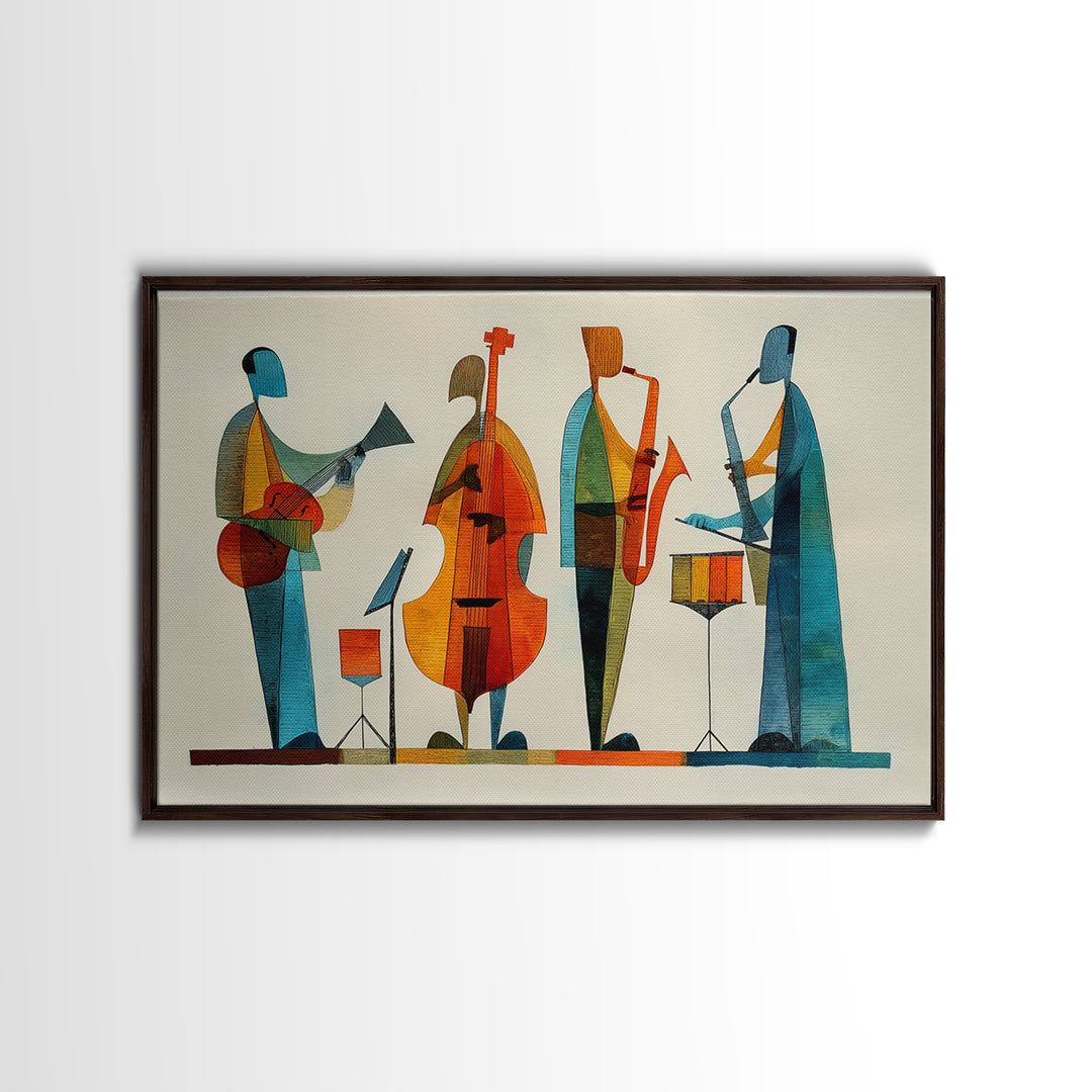 Minimalist Woodcut Jazz Band With Bass And Drums Framed Canvas Print, Midcentury Modern Wall Art, Scandinavian MCM Decor