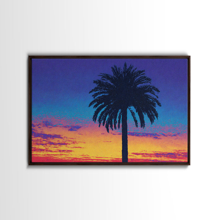 Palm Tree Silhouette At Purple Orange Sunset Wall Art, Retro Tropical Poster, Midcentury Modern Coastal Home Decor, Palm Springs
