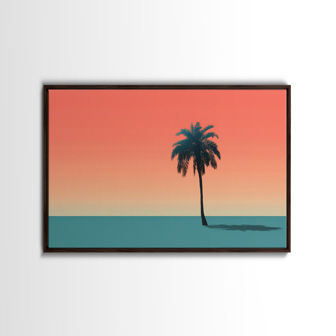Minimal Palm Tree Shadow Wall Art, Modern Tropical Canvas Print, Teal Orange Sunset Decor, Palm Springs Home Art, Retro Wall Decor
