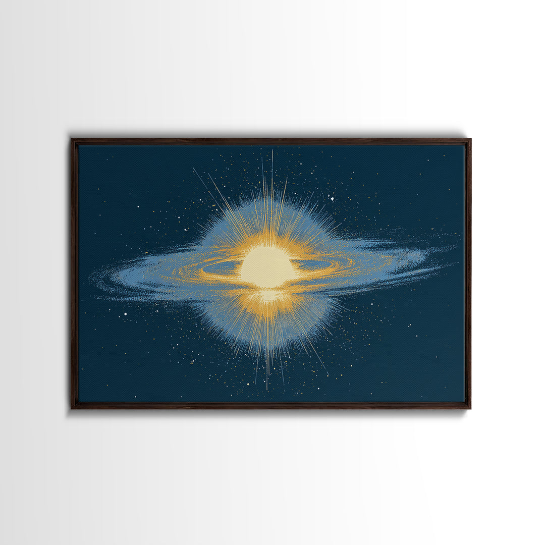 Glowing Galaxy Ring Wall Art, Cosmic Abstract Canvas Print, Space Poster, Modern Digital Art, Blue Gold Star Decor, Sci Fi Wall Art