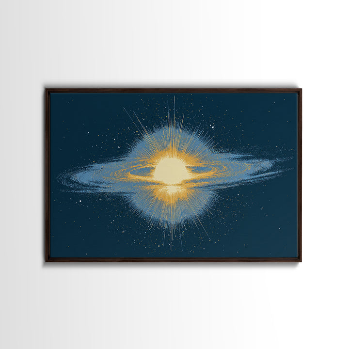 Glowing Galaxy Ring Wall Art, Cosmic Abstract Canvas Print, Space Poster, Modern Digital Art, Blue Gold Star Decor, Sci Fi Wall Art