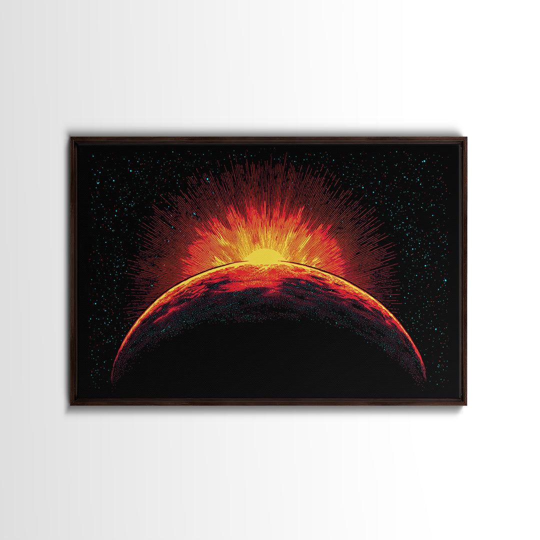 Fiery Red Planet Sunrise Wall Art, Retro Sci Fi Canvas Print, Cosmic Space Poster, Orange Black Modern Home Decor, Art Print