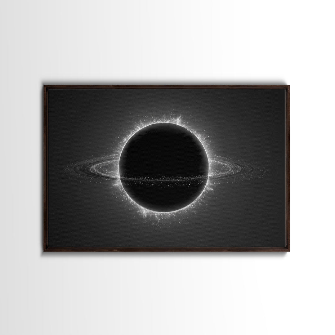 Black Eclipse Ringed Planet Wall Art, Monochrome Space Canvas Print, Modern Abstract Art, Sci Fi Home Office Decor, Poster