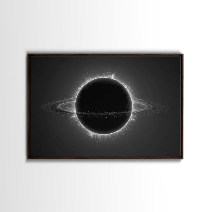 Black Eclipse Ringed Planet Wall Art, Monochrome Space Canvas Print, Modern Abstract Art, Sci Fi Home Office Decor, Poster