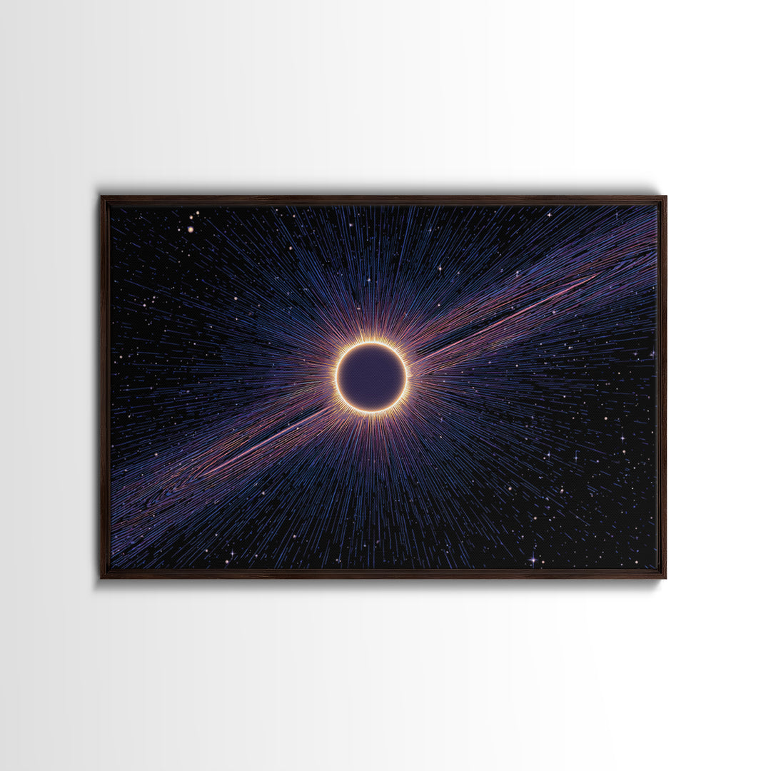 Radiant Solar Eclipse Wall Art, Cosmic Starburst Canvas Print, Space Abstract Poster, Modern Sci Fi Galaxy Decor, Blue Wall Art