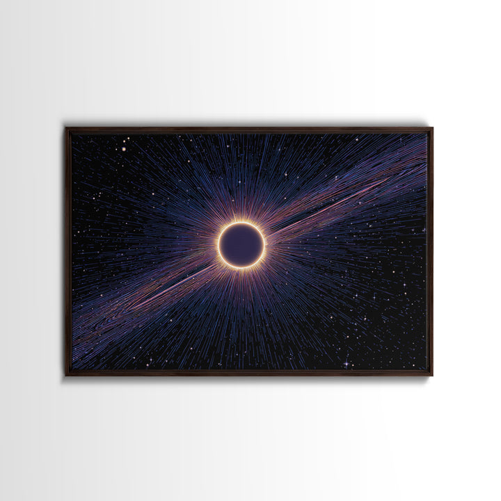 Radiant Solar Eclipse Wall Art, Cosmic Starburst Canvas Print, Space Abstract Poster, Modern Sci Fi Galaxy Decor, Blue Wall Art