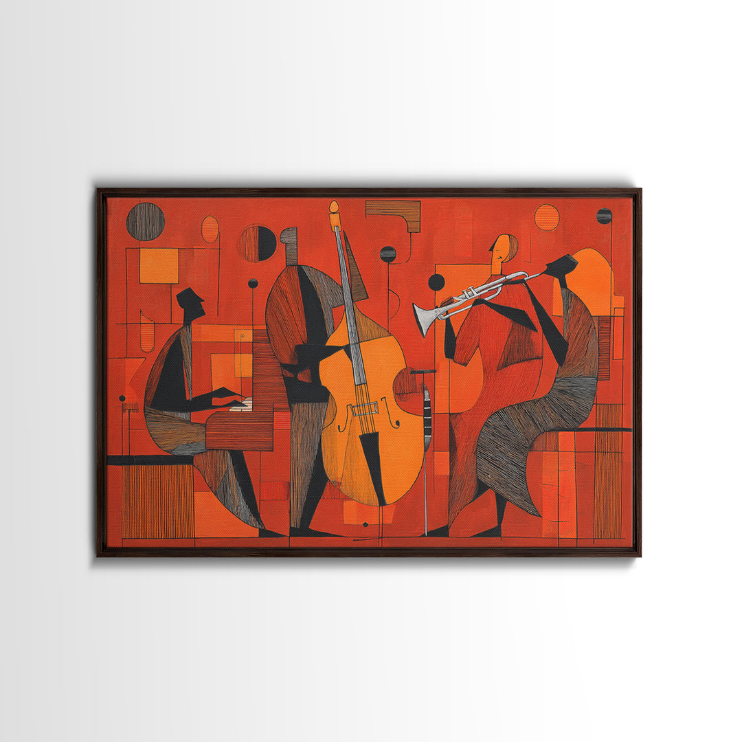 Orange Cubist Jazz Trio With Piano Bass And Trumpet Wall Art, Midcentury Modern Art Print, Atomic Music Room Retro Decor