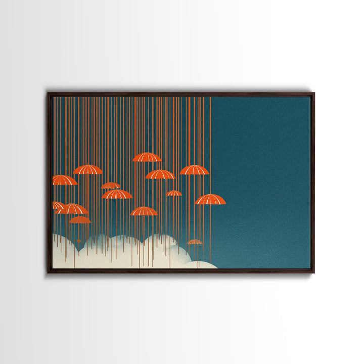 Orange Umbrella Rainfall Canvas Print, Teal Sky Cloudscape Wall Decor, Midcentury Modern Art, Retro Graphic Poster For Living Room