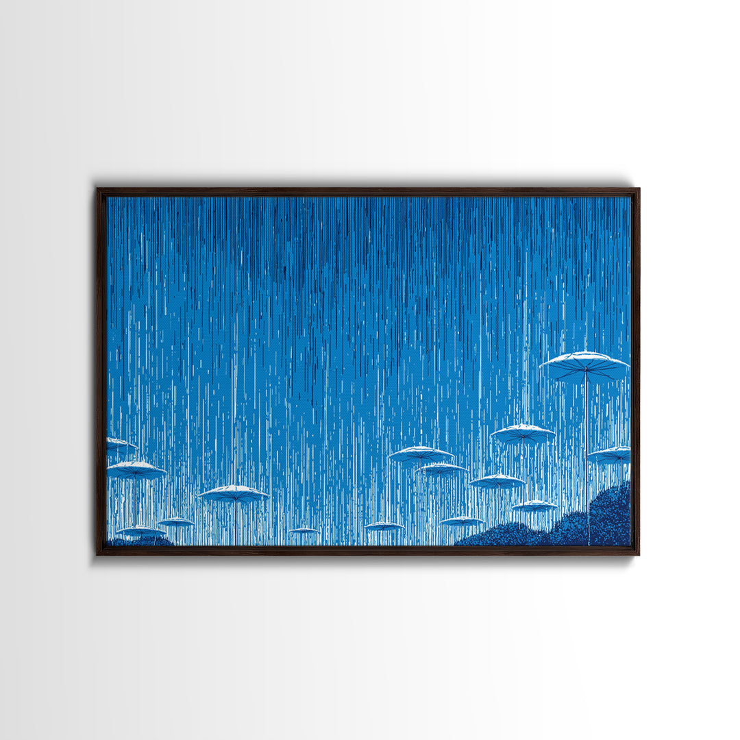 Blue Monsoon Umbrella Rain Wall Art, White Parasol Storm Scene, Modern Abstract Art Print, Coastal Bedroom Wall Decor Poster