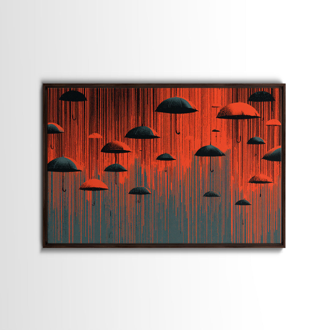 Red And Black Umbrella Storm Framed Canvas Print, Dramatic Rain Wall Art, Modern Abstract Poster, Bold MCM Wall Decor Print