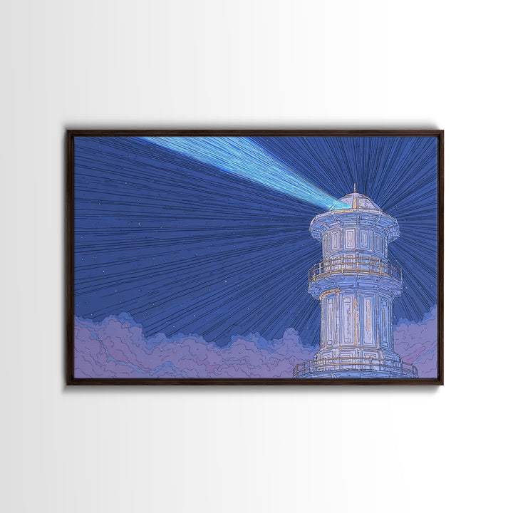 Blue Lighthouse Beam Framed Canvas Print, Coastal Night Sky Wall Art, Nautical Modern Poster, Scenic Ocean Home Decor Print