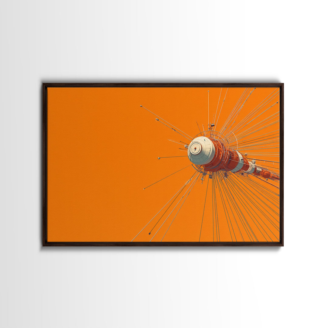 Orange Retro Space Satellite Canvas Print, Sputnik Inspired Antenna Wall Art, Modern Sci Fi Poster, Midcentury Decor Gift