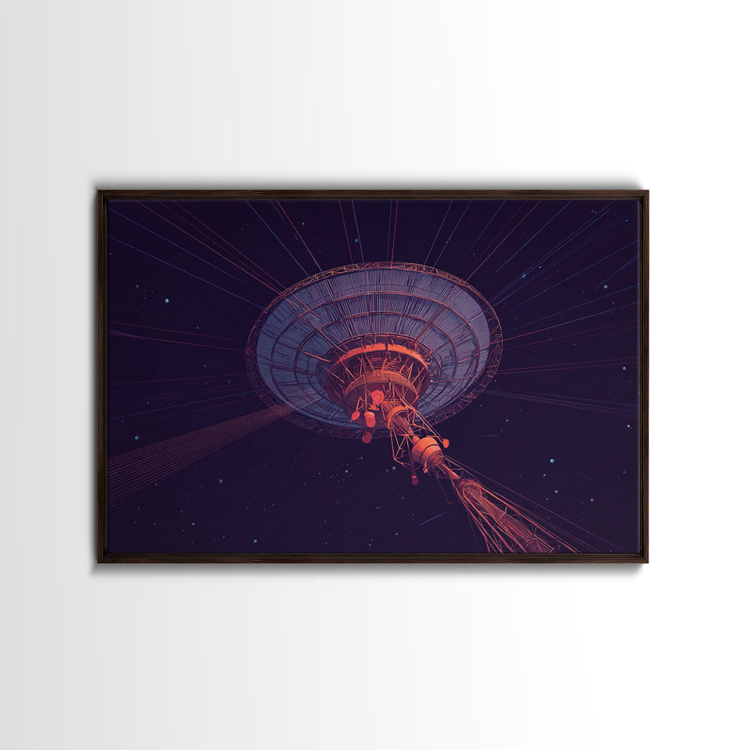 Deep Space Radio Telescope Wall Art, Purple Starry Observatory Dish, Retro Sci Fi Poster, Modern Abstract Canvas Print Decor