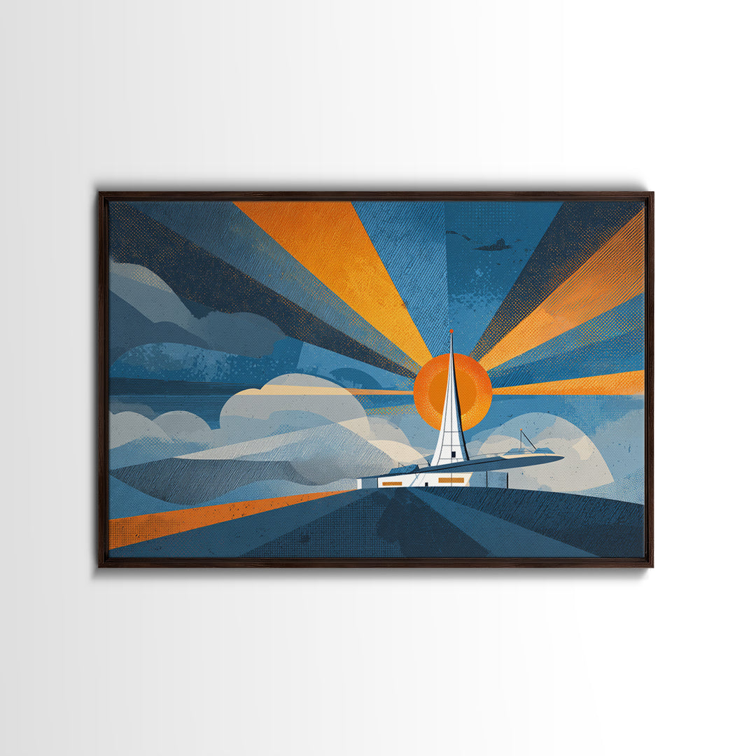 Midcentury Sailboat Sunset Wall Art, Blue Orange Ocean Rays, Retro Travel Poster, Modern Coastal Home Decor Canvas Print
