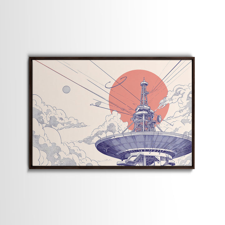 Retro Satellite Dish Under Coral Sun Wall Art, Mid Century Modern Space Poster, Sci Fi Architectural Print, Office Wall Decor