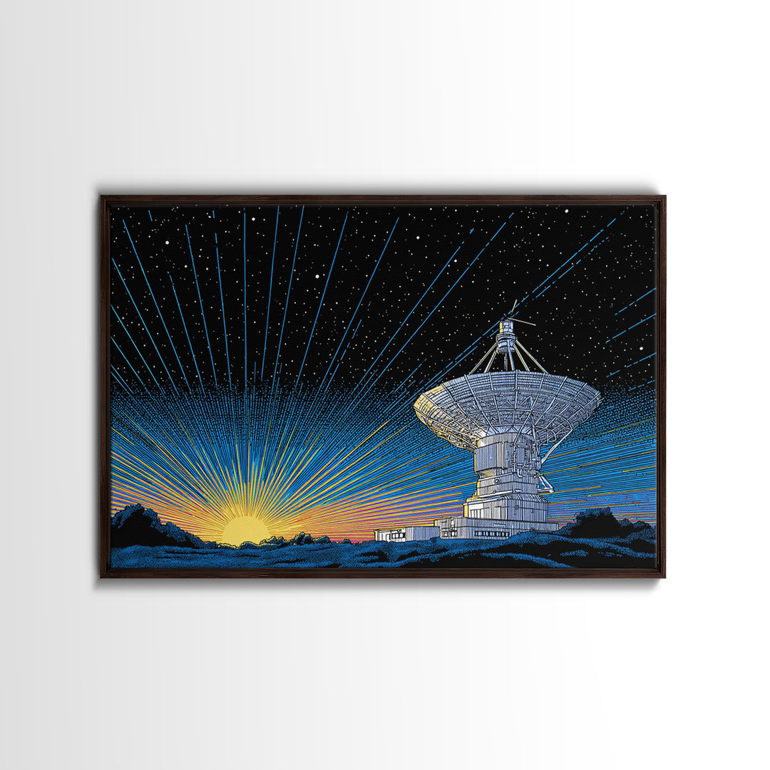 Starry Radio Telescope Sunrise Canvas Print, Mid Century Modern Wall Art, Retro Space Poster, Astronomy Home Office Decor