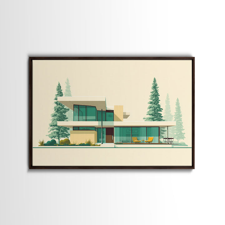 Minimal Glass House With Pines Framed Canvas Print, Mid Century Modern Architecture Wall Art, Scandinavian Modern Home Decor
