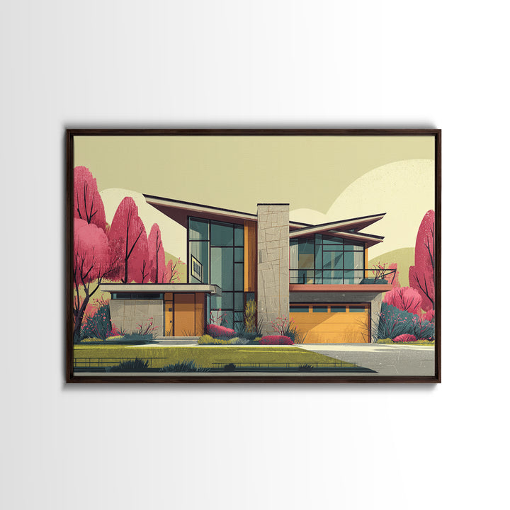 Angular Modern Home With Pink Trees Wall Art, Mid Century Modern Architecture Print, Colorful Retro Home Decor, MCM Poster