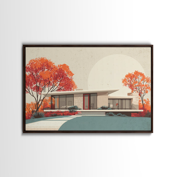 Autumn Mid Century House With Orange Trees Wall Art, Retro Modern Architecture Print, MCM Home Decor, Large Canvas Poster