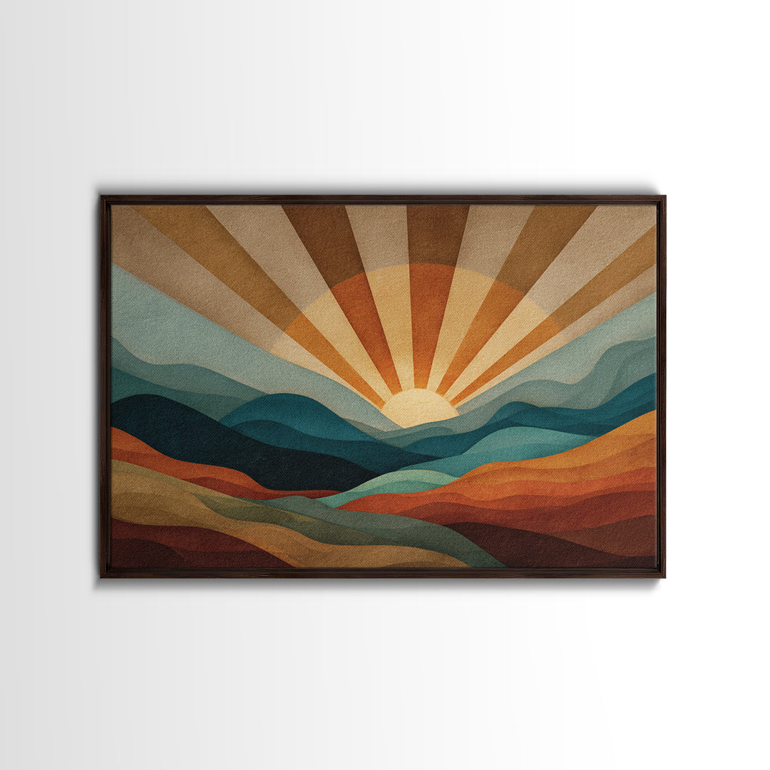 Layered Mountain Sunrise In Teal And Rust Canvas Print, Mid Century Modern Abstract Wall Art, Retro Boho Living Room Decor
