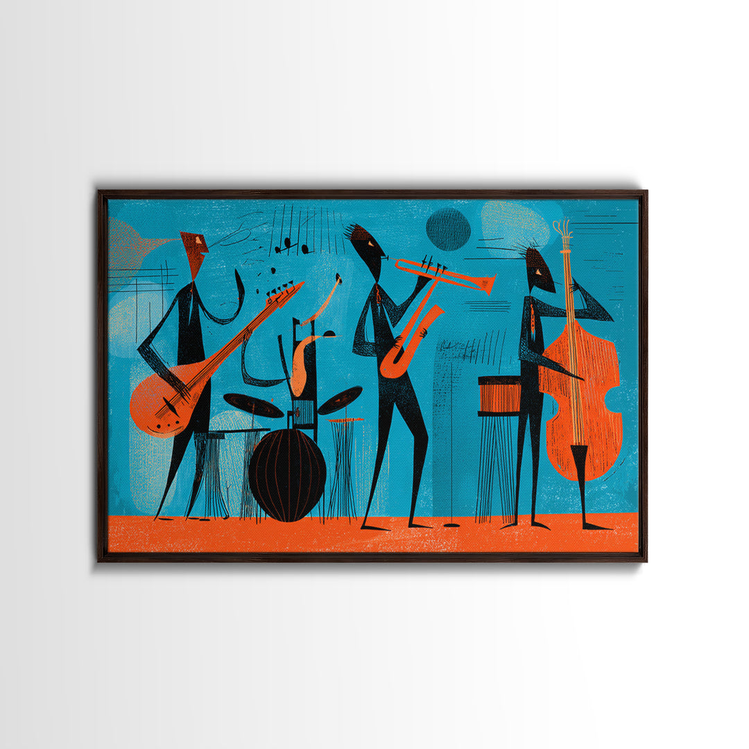 Teal Orange Midcentury Jazz Band With Drums And Bass Canvas Print, Atomic Modern Wall Art, Retro Music Room Decor, Poster
