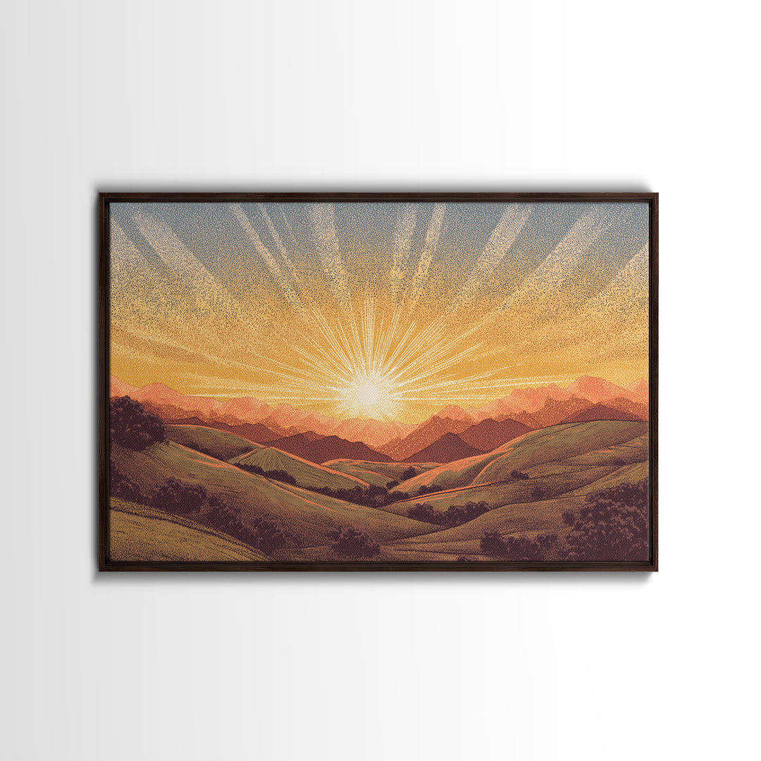 Golden Sunrise Over Rolling Hills Wall Art, Scenic Landscape Poster, Mid Century Modern Nature Art, Warm Bedroom Decor Print