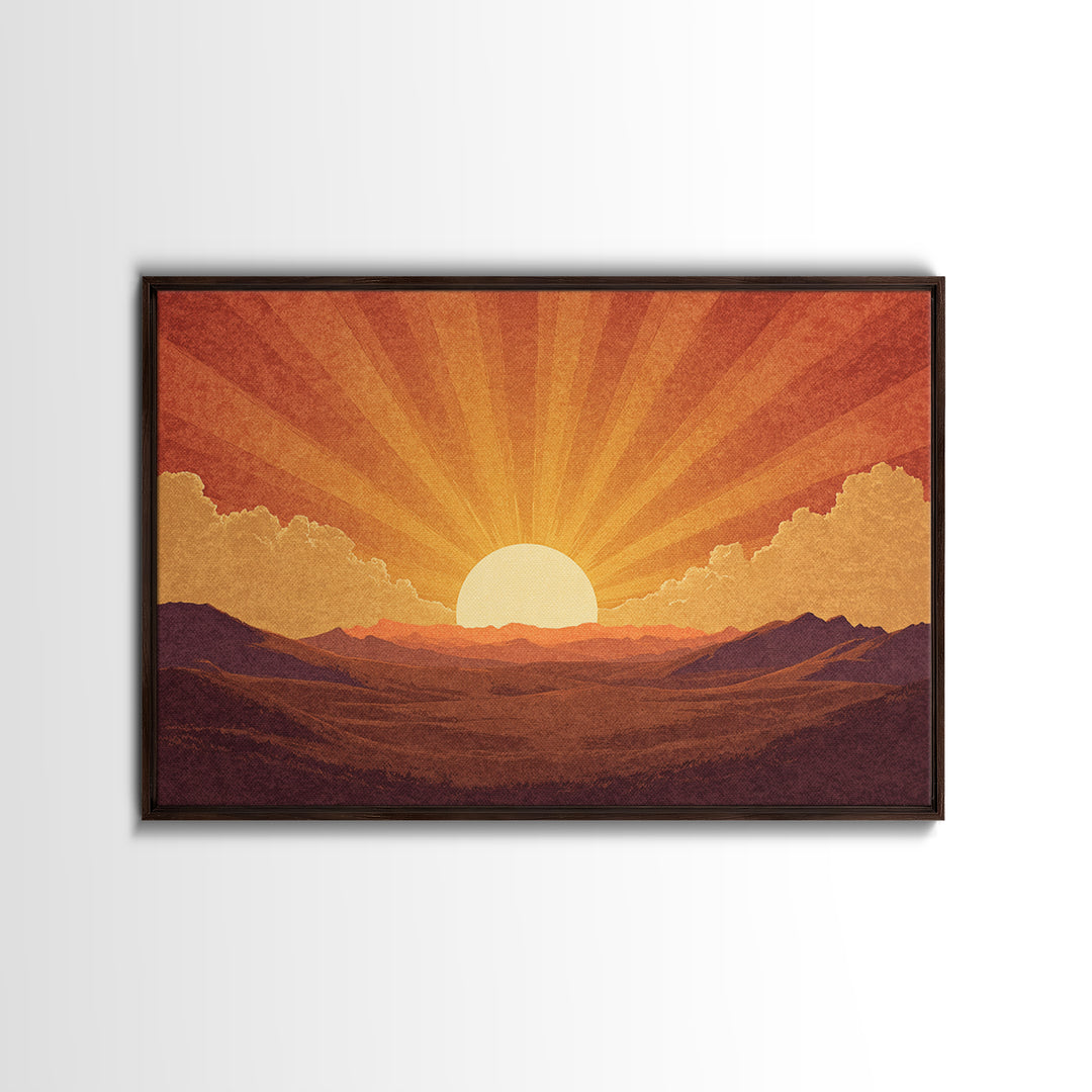 Orange Desert Sunrise Wall Art, Retro Sunburst Landscape Print, Mid Century Modern Decor, Warm Southwestern Living Room Art